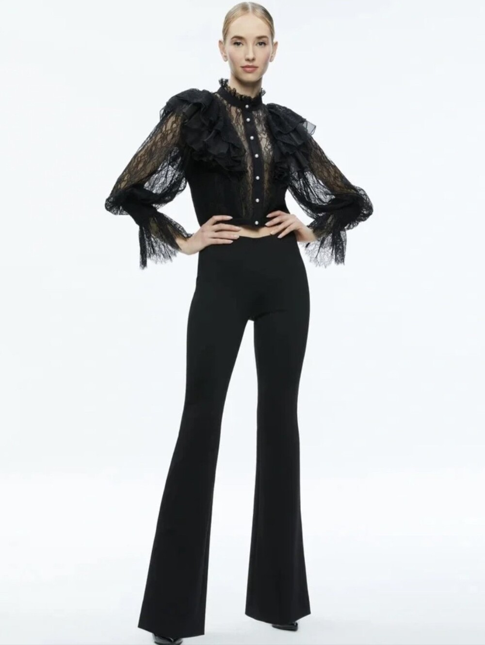 Alice + Olivia DELPHA RUFFLE LACE BLOUSON SLEEVE CROPPED TOP5 - Picture 2 of 9